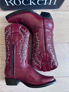 ROCK'EM Girl's Western Boots Red Leather- Studs Snip Toe Sz: 21 MEX = 1 Youth US